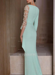 V-Neck 3/4 Sleeve Floor-Length Sheath Mother of the Bride Dress with Appliques