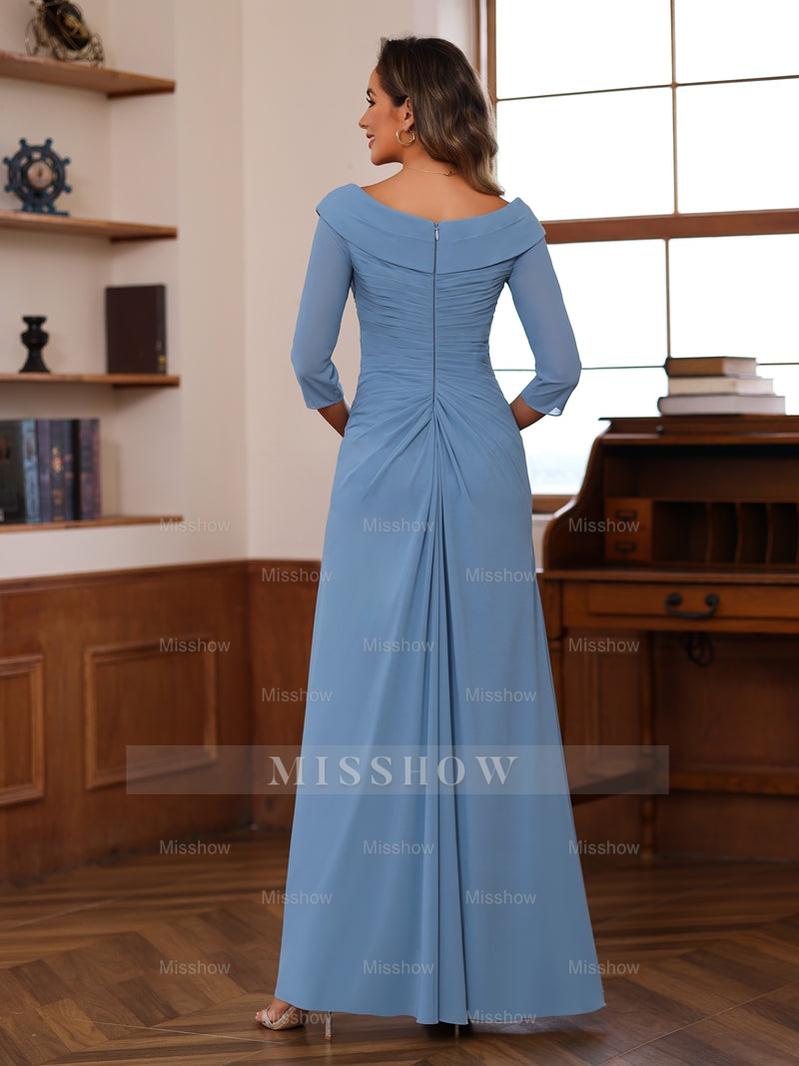 V-Neck 3/4 Sleeve Floor-Length Sheath/Column Mother of the Bride Dress with Ruffles & Appliques