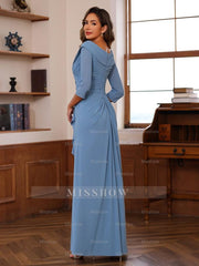 V-Neck 3/4 Sleeve Floor-Length Sheath/Column Mother of the Bride Dress with Ruffles & Appliques