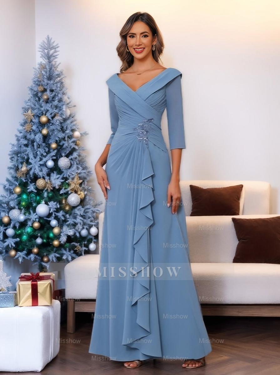 V-Neck 3/4 Sleeve Floor-Length Sheath/Column Mother of the Bride Dress with Ruffles & Appliques