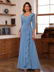 V-Neck 3/4 Sleeve Floor-Length Sheath/Column Mother of the Bride Dress with Ruffles & Appliques