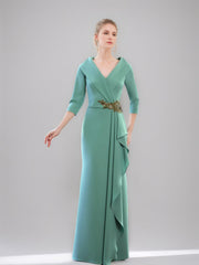 V-Neck 3/4 Sleeve Floor-Length Sheath/Column Mother of the Bride Dress with Ruffles & Jewel Appliques
