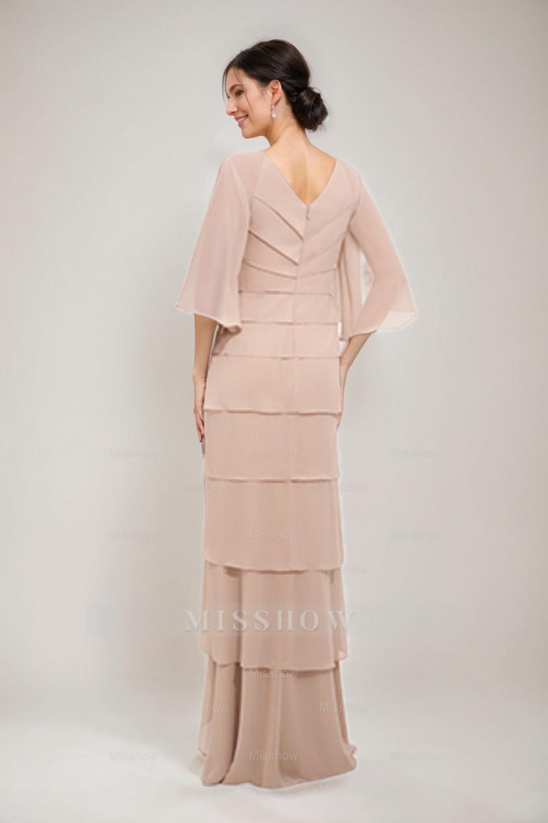 V-Neck 3/4 Sleeve Sheath Dress with Appliques & Ruffles for Mothers of the Bride & Groom