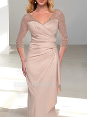 V-Neck 3/4 Sleeve Trumpet/Mermaid Mother of the Bride Dress with Beading