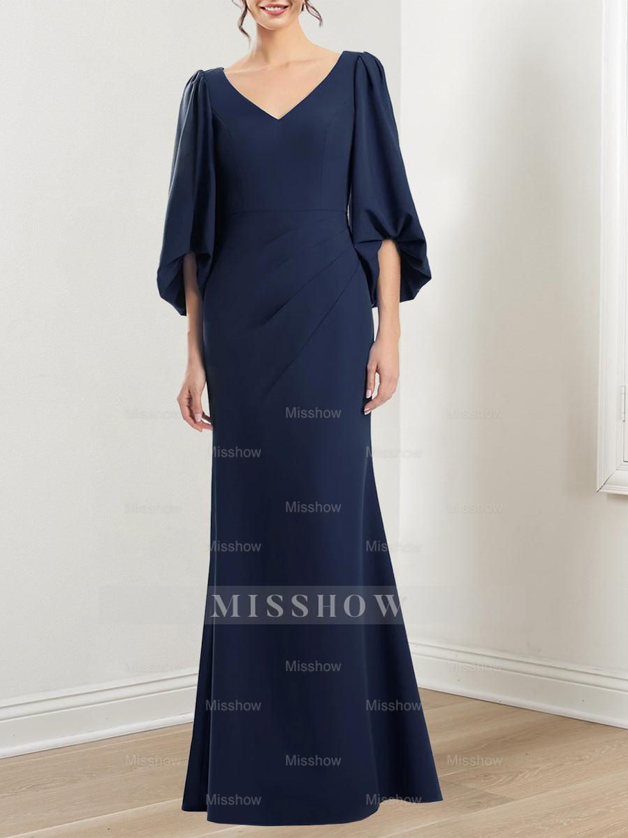 V-Neck 3/4 Sleeve Trumpet/Mermaid Mother of the Bride Dress with Ruffles