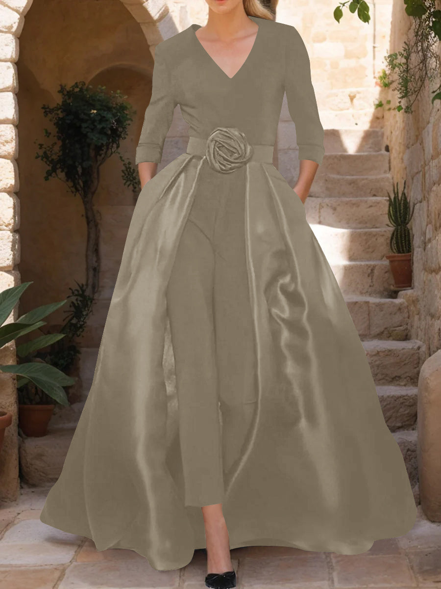 V-Neck 3/4 Sleeves Mother of the Bride Jumpsuit with Flower Belt