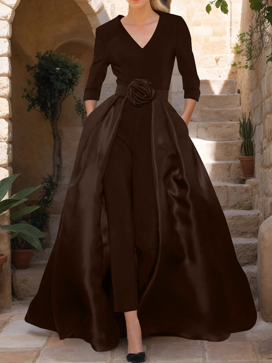 V-Neck 3/4 Sleeves Mother of the Bride Jumpsuit with Flower Belt