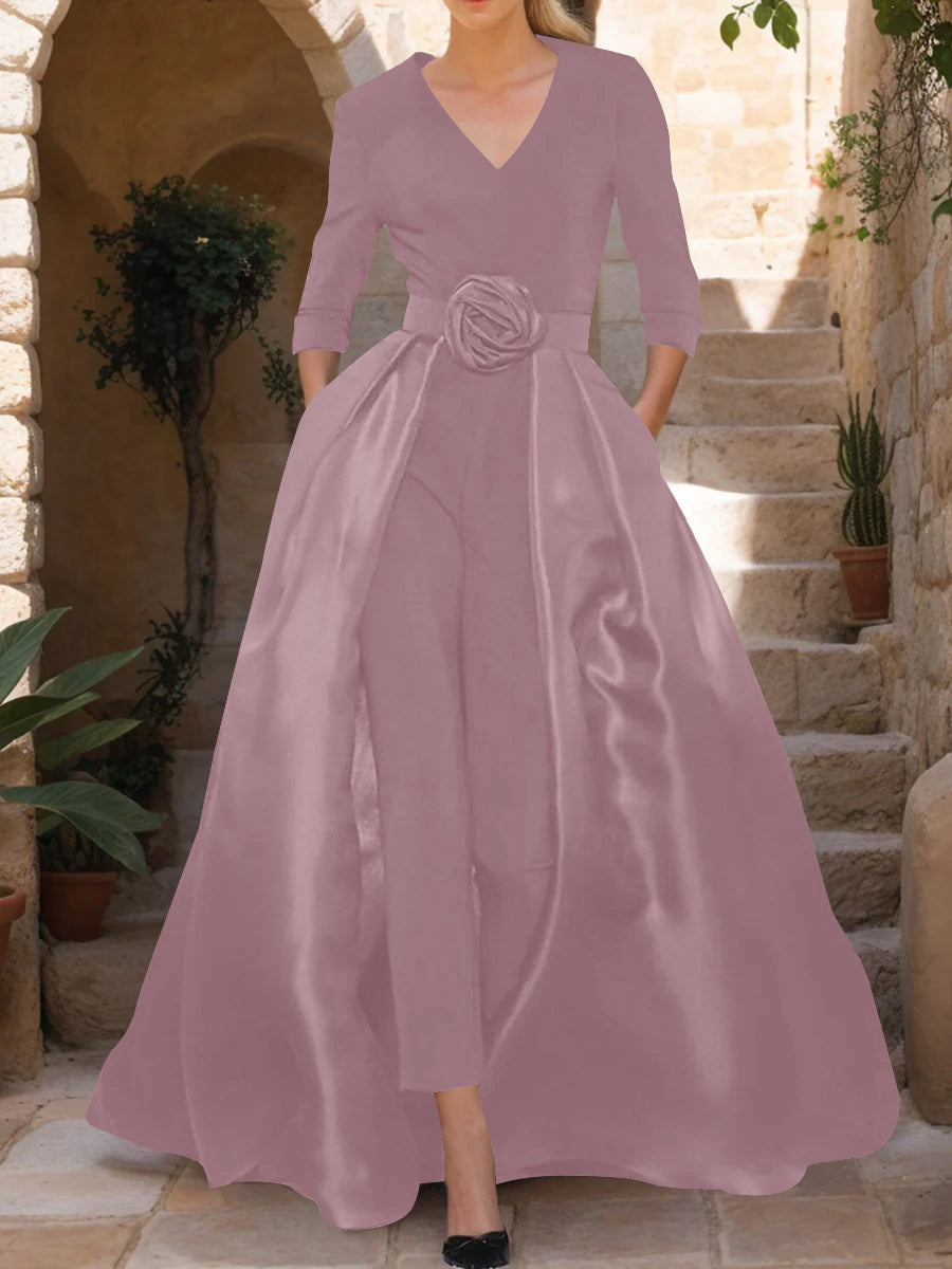 V-Neck 3/4 Sleeves Mother of the Bride Jumpsuit with Flower Belt