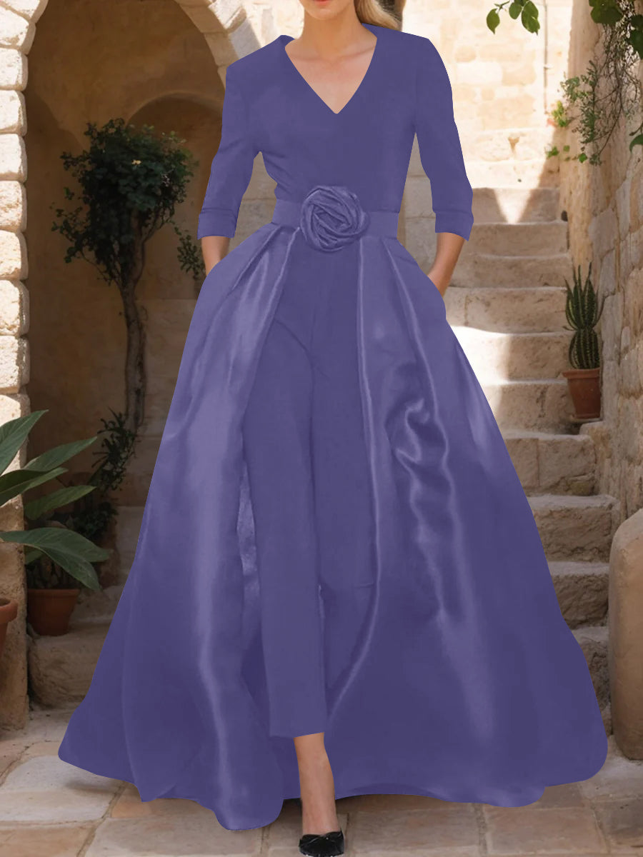 V-Neck 3/4 Sleeves Mother of the Bride Jumpsuit with Flower Belt