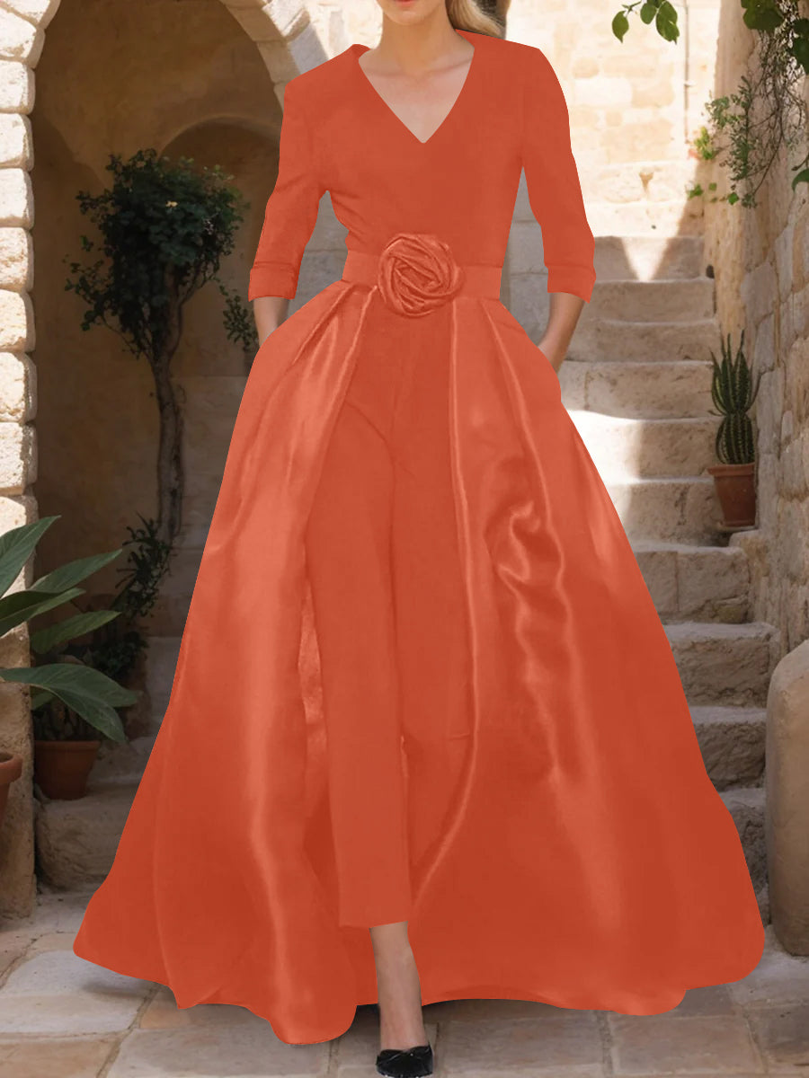 V-Neck 3/4 Sleeves Mother of the Bride Jumpsuit with Flower Belt