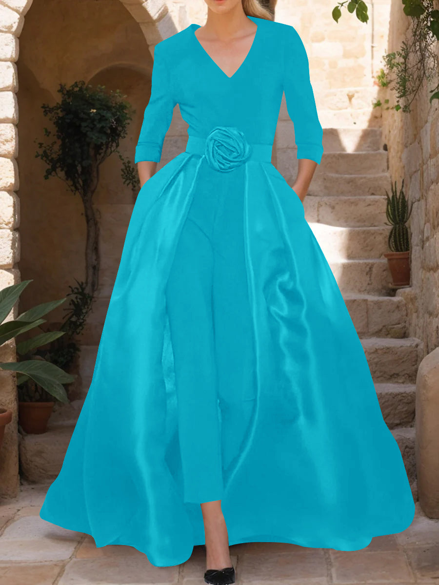 V-Neck 3/4 Sleeves Mother of the Bride Jumpsuit with Flower Belt