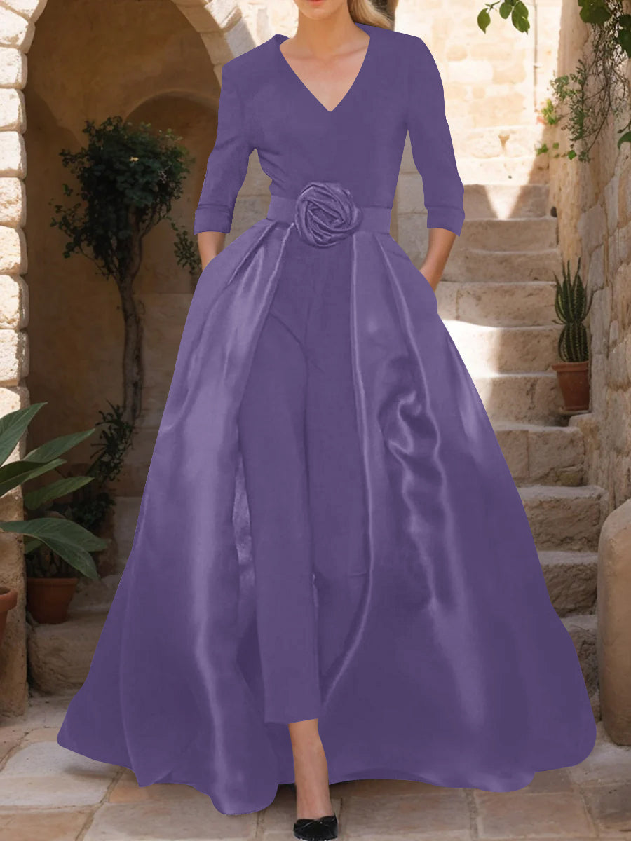 V-Neck 3/4 Sleeves Mother of the Bride Jumpsuit with Flower Belt