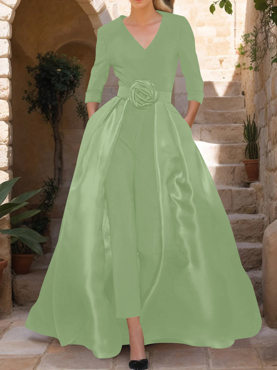 V-Neck 3/4 Sleeves Mother of the Bride Jumpsuit with Flower Belt