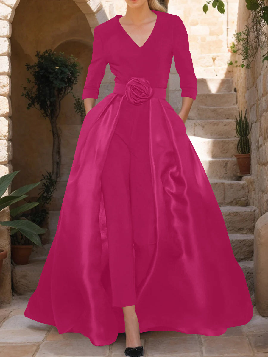 V-Neck 3/4 Sleeves Mother of the Bride Jumpsuit with Flower Belt
