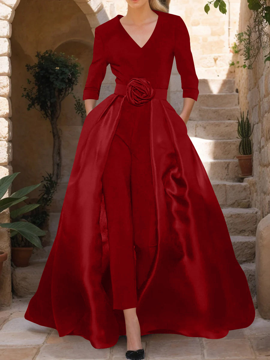 V-Neck 3/4 Sleeves Mother of the Bride Jumpsuit with Flower Belt