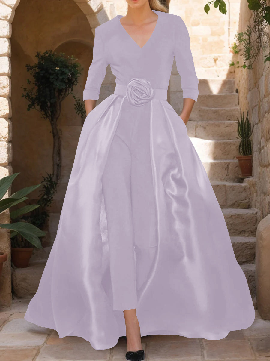 V-Neck 3/4 Sleeves Mother of the Bride Jumpsuit with Flower Belt