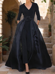 V-Neck 3/4 Sleeves Mother of the Bride Jumpsuit with Flower Belt