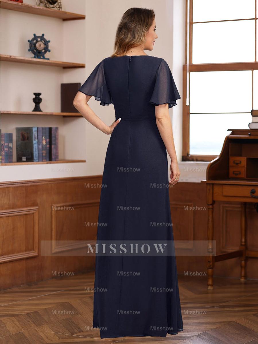 V-Neck A-Line Chiffon Dress with Short Sleeves Ruffles & Appliques for the Mother of the Bride or Groom