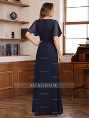 V-Neck A-Line Chiffon Dress with Short Sleeves Ruffles & Appliques for the Mother of the Bride or Groom