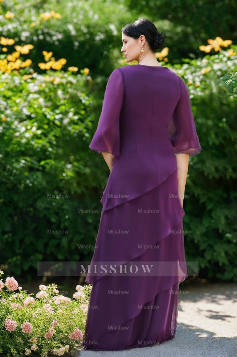 V-Neck A-Line Chiffon Mother of the Bride Dress with 3/4 Sleeves and Ruffles