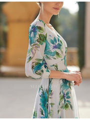 V-Neck A-Line Floral Asymmetrical Mother of the Bride Dress with 3/4 Sleeves
