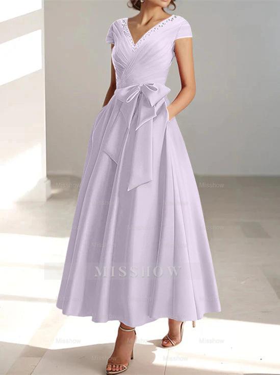 V-Neck A-Line Princess Ankle-Length Mother of the Bride Dress With Short Sleeves Pockets & Ruffles