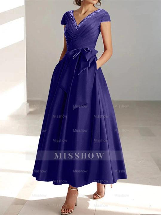 V-Neck A-Line Princess Ankle-Length Mother of the Bride Dress With Short Sleeves Pockets & Ruffles