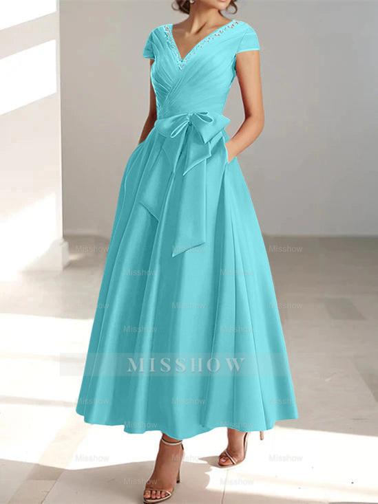 V-Neck A-Line Princess Ankle-Length Mother of the Bride Dress With Short Sleeves Pockets & Ruffles