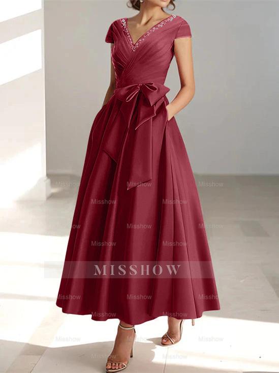 V-Neck A-Line Princess Ankle-Length Mother of the Bride Dress With Short Sleeves Pockets & Ruffles