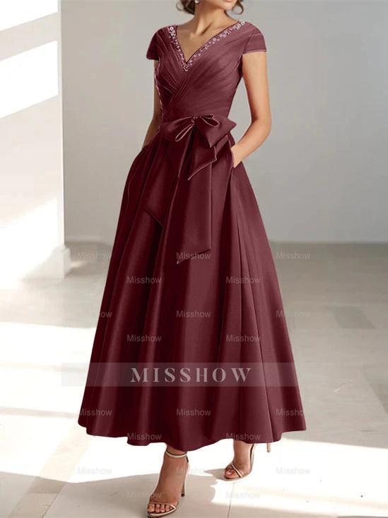 V-Neck A-Line Princess Ankle-Length Mother of the Bride Dress With Short Sleeves Pockets & Ruffles