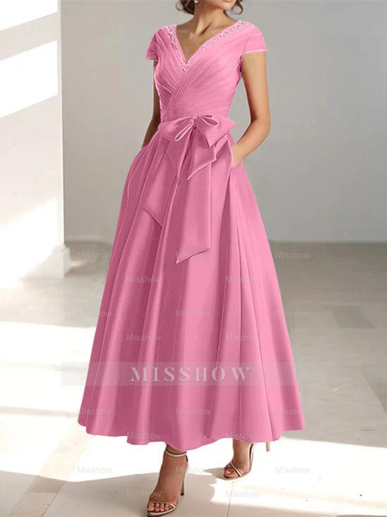V-Neck A-Line Princess Ankle-Length Mother of the Bride Dress With Short Sleeves Pockets & Ruffles