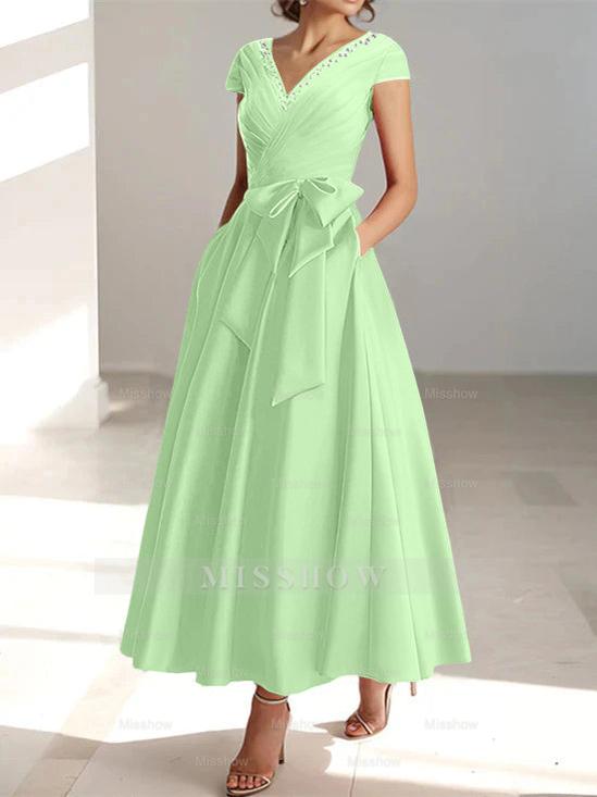 V-Neck A-Line Princess Ankle-Length Mother of the Bride Dress With Short Sleeves Pockets & Ruffles