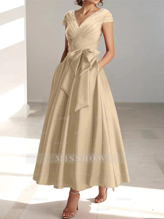 V-Neck A-Line Princess Ankle-Length Mother of the Bride Dress With Short Sleeves Pockets & Ruffles