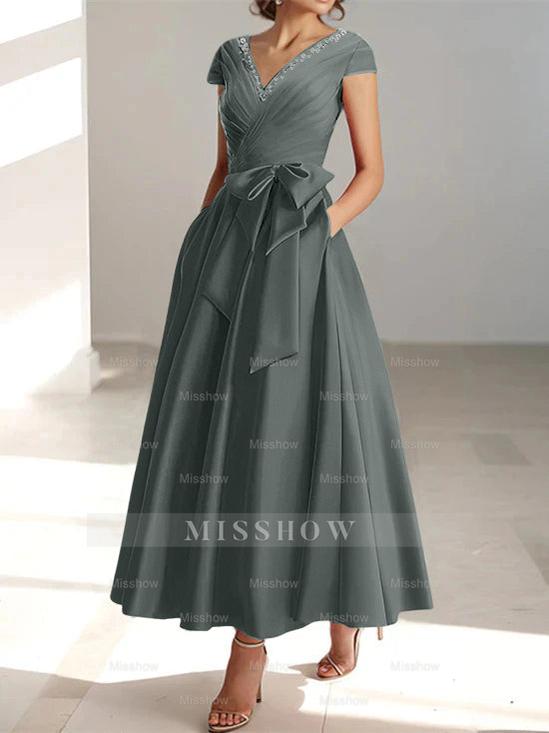 V-Neck A-Line Princess Ankle-Length Mother of the Bride Dress With Short Sleeves Pockets & Ruffles