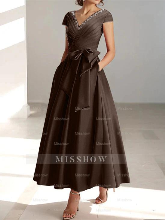 V-Neck A-Line Princess Ankle-Length Mother of the Bride Dress With Short Sleeves Pockets & Ruffles