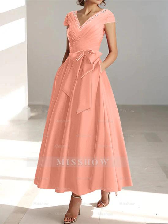 V-Neck A-Line Princess Ankle-Length Mother of the Bride Dress With Short Sleeves Pockets & Ruffles