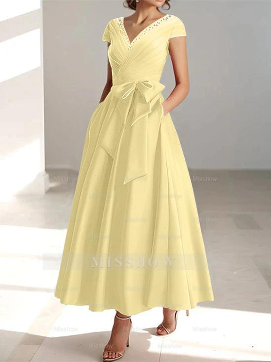 V-Neck A-Line Princess Ankle-Length Mother of the Bride Dress With Short Sleeves Pockets & Ruffles