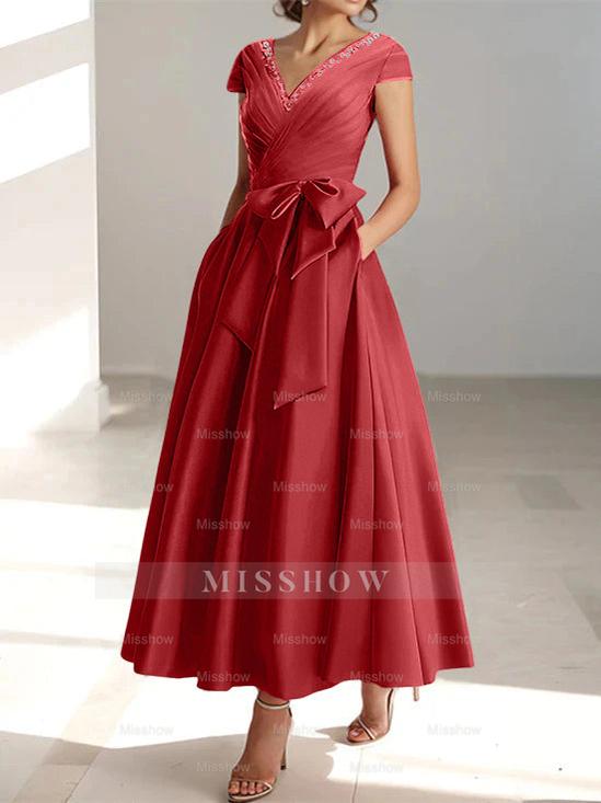 V-Neck A-Line Princess Ankle-Length Mother of the Bride Dress With Short Sleeves Pockets & Ruffles