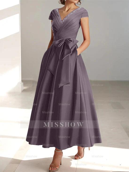 V-Neck A-Line Princess Ankle-Length Mother of the Bride Dress With Short Sleeves Pockets & Ruffles