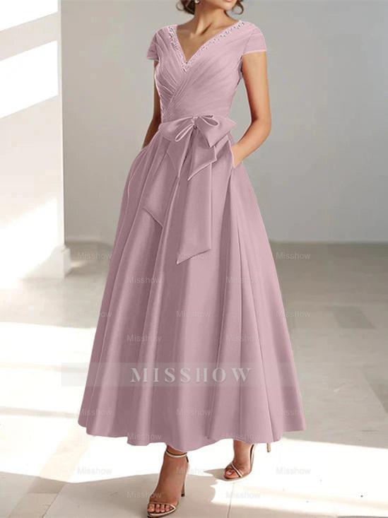 V-Neck A-Line Princess Ankle-Length Mother of the Bride Dress With Short Sleeves Pockets & Ruffles
