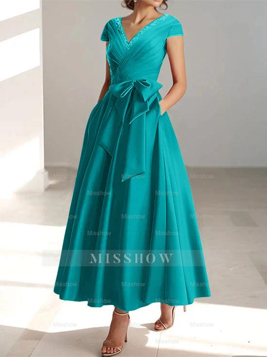 V-Neck A-Line Princess Ankle-Length Mother of the Bride Dress With Short Sleeves Pockets & Ruffles