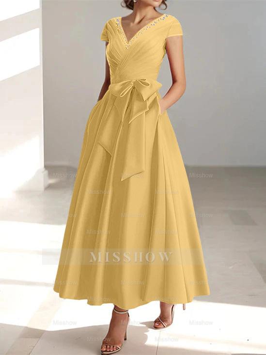 V-Neck A-Line Princess Ankle-Length Mother of the Bride Dress With Short Sleeves Pockets & Ruffles