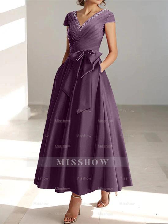 V-Neck A-Line Princess Ankle-Length Mother of the Bride Dress With Short Sleeves Pockets & Ruffles