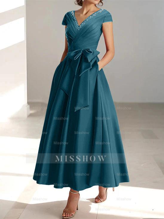 V-Neck A-Line Princess Ankle-Length Mother of the Bride Dress With Short Sleeves Pockets & Ruffles