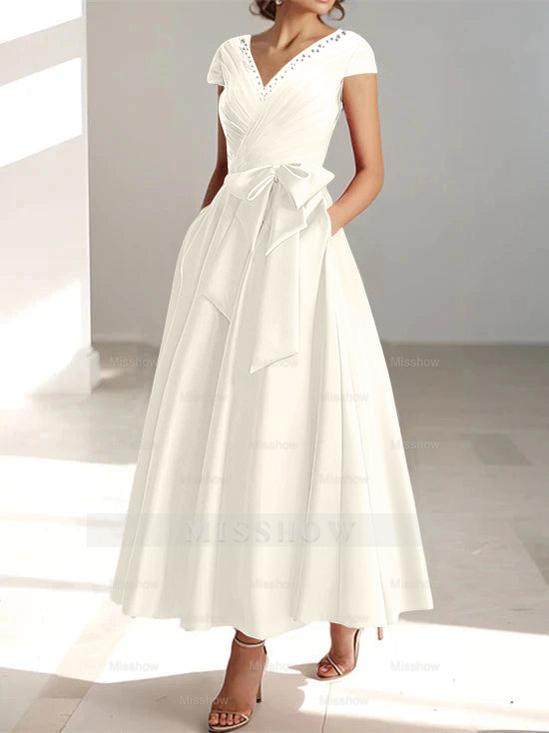 V-Neck A-Line Princess Ankle-Length Mother of the Bride Dress With Short Sleeves Pockets & Ruffles