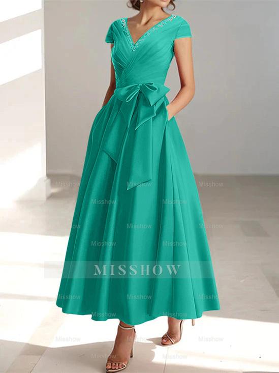 V-Neck A-Line Princess Ankle-Length Mother of the Bride Dress With Short Sleeves Pockets & Ruffles