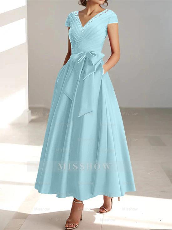 V-Neck A-Line Princess Ankle-Length Mother of the Bride Dress With Short Sleeves Pockets & Ruffles