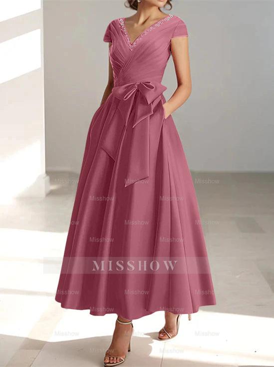 V-Neck A-Line Princess Ankle-Length Mother of the Bride Dress With Short Sleeves Pockets & Ruffles