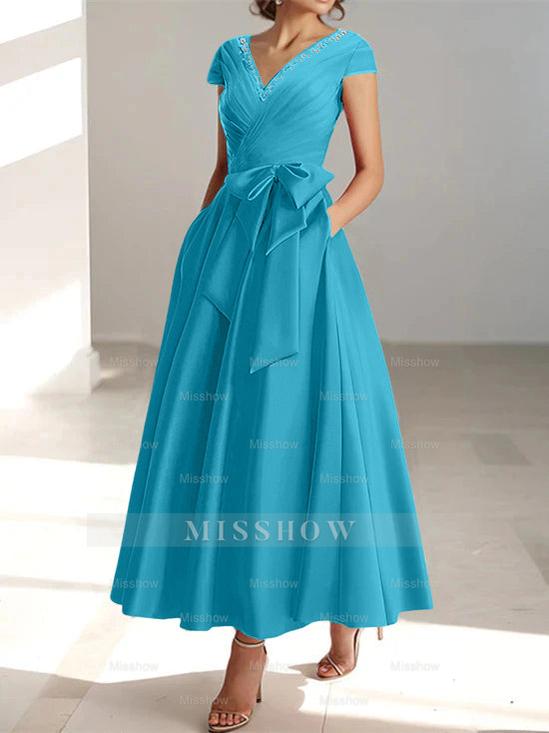 V-Neck A-Line Princess Ankle-Length Mother of the Bride Dress With Short Sleeves Pockets & Ruffles