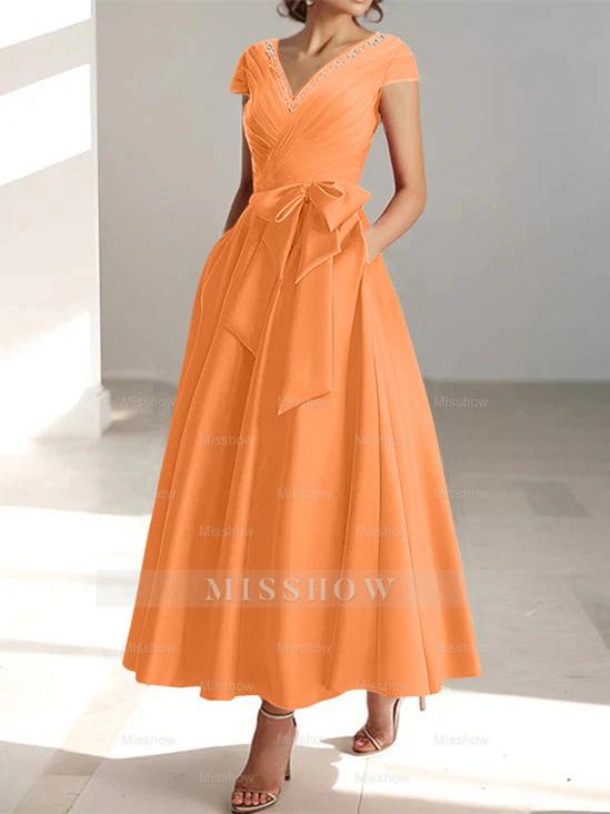 V-Neck A-Line Princess Ankle-Length Mother of the Bride Dress With Short Sleeves Pockets & Ruffles